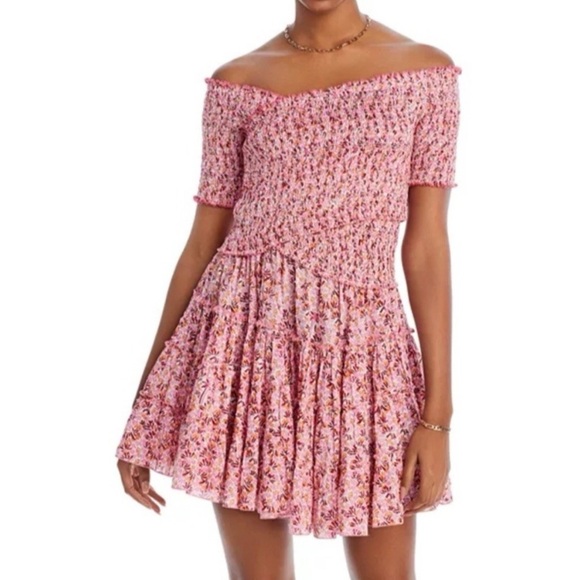 Poupette St Barth Soledad Floral Smocked Asymmetrical Mini Ruffle Dress Sz Small - Picture 8 of 9